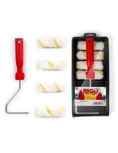 RIGO Kit Rodillos Pintura Pequeños Antigoteo Reutilizables de 11cm Con 4 Recambios y Bandeja - Perfecto para Paredes y Techos