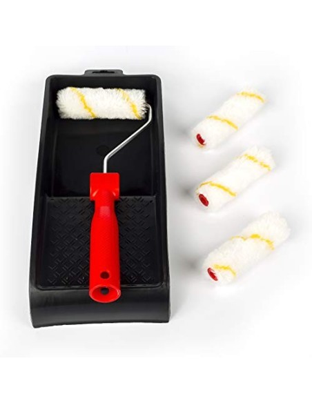 RIGO Kit Rodillos Pintura Pequeños Antigoteo Reutilizables de 11cm Con 4 Recambios y Bandeja - Perfecto para Paredes y Techos