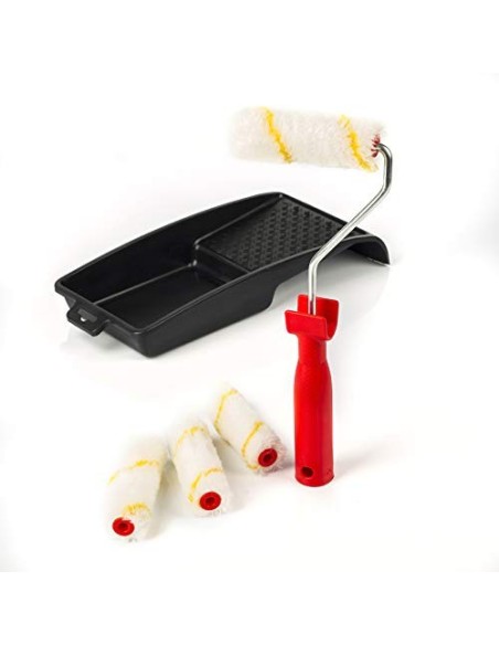RIGO Kit Rodillos Pintura Pequeños Antigoteo Reutilizables de 11cm Con 4 Recambios y Bandeja - Perfecto para Paredes y Techos