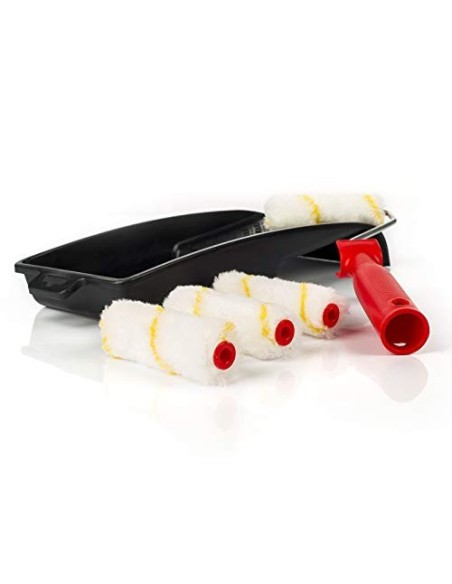 RIGO Kit Rodillos Pintura Pequeños Antigoteo Reutilizables de 11cm Con 4 Recambios y Bandeja - Perfecto para Paredes y Techos