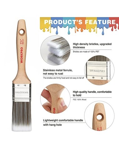 WORKPRO 4 piezas Juego de pinceles profesional, madera brochas pintura con certificación FSC 100%, set de brocha plana y angu