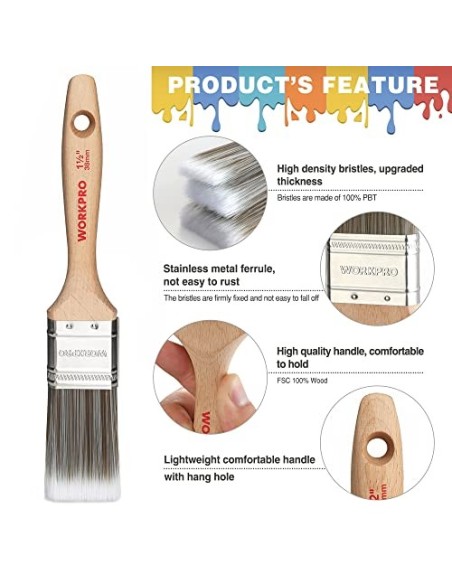 WORKPRO 4 piezas Juego de pinceles profesional, madera brochas pintura con certificación FSC 100%, set de brocha plana y angu