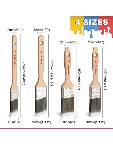 WORKPRO 4 piezas Juego de pinceles profesional, madera brochas pintura con certificación FSC 100%, set de brocha plana y angu
