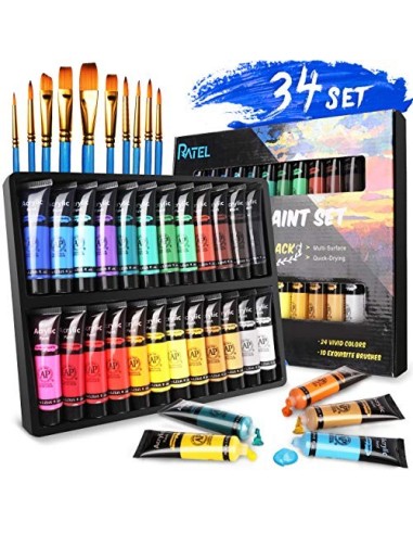RATEL Conjunto de Pintura Acrílica, 24 tubos No tóxico Caja de Pintura Acrílica, con Pigmento Acrílico de 24×36 ml y 10 Pince