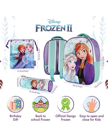 Mochila Infantil 3D, Estuche Escolar y Bolsa Merienda de Cuerdas Frozen 2 Diseño Exclusivo – Frozen | Mochilas Escolares para