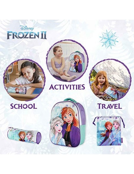 Mochila Infantil 3D, Estuche Escolar y Bolsa Merienda de Cuerdas Frozen 2 Diseño Exclusivo – Frozen | Mochilas Escolares para