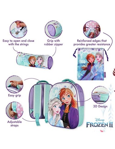 Mochila Infantil 3D, Estuche Escolar y Bolsa Merienda de Cuerdas Frozen 2 Diseño Exclusivo – Frozen | Mochilas Escolares para