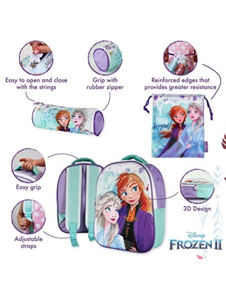 Mochila Infantil 3D, Estuche Escolar y Bolsa Merienda de Cuerdas Frozen 2 Diseño Exclusivo – Frozen | Mochilas Escolares para