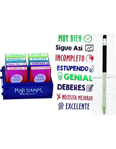 Pack 8 Sellos Profesor Mini Stamps Motivación CASTELLANO. Hasta 10.000 impresiones por mensaje + REGALO