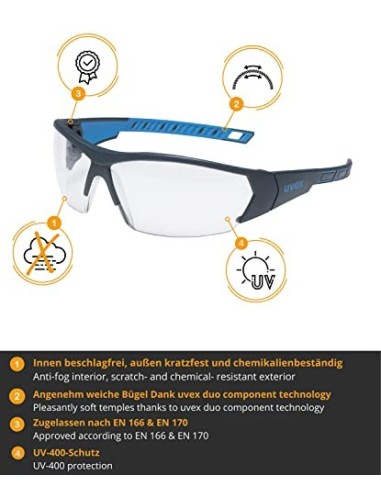 Gafas de seguridad uvex i-works - EN 166 170 - Antivaho y resistente a arañazos y químicos - Transparente / Azul