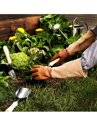 Amazon Basics — Guantes de jardinería de antebrazo de cuero marrón talla XL  1 par 