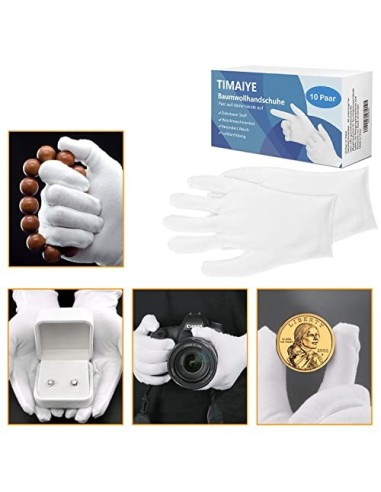 Guantes algodon, 10 pares guantes blancos algodon, suaves y elásticos, Guantes de algodón lavables a máquina, guantes algodon