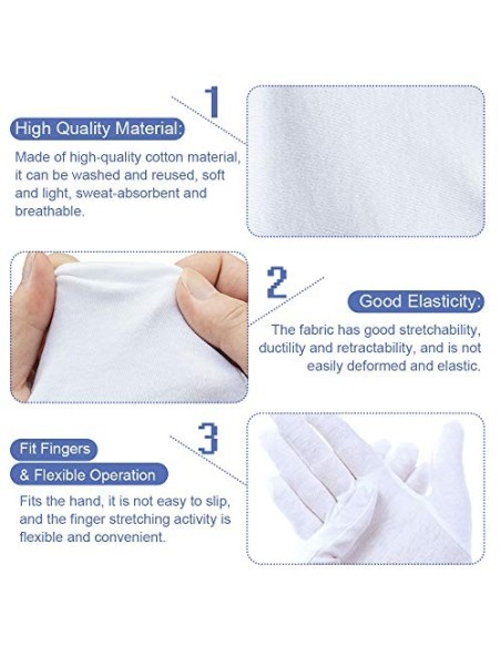 Perfetsell 12 Pares 24 Guantes Algodon Blanco Guantes Tela Blanca Finos Guantes Algodon Mujer Hombre Guantes de Joyeria Lavab
