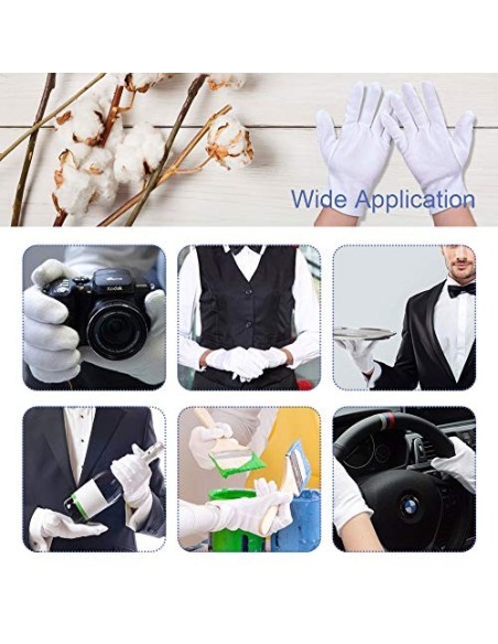 Perfetsell 12 Pares 24 Guantes Algodon Blanco Guantes Tela Blanca Finos Guantes Algodon Mujer Hombre Guantes de Joyeria Lavab