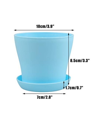 KINGLAKE 8 Piezas de macetero de plástico Azul de 4 Pulgadas, Adecuado para Interiores u oficinas, con Bandeja / Bandeja, plá