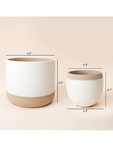 Macetas de Cerámica Blanca para Plantas - Maceteros de Interior de 16.5 + 12.4 cm, Macetas para Plantas con Detalles Beige y 