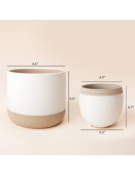 Macetas de Cerámica Blanca para Plantas - Maceteros de Interior de 16.5 + 12.4 cm, Macetas para Plantas con Detalles Beige y 