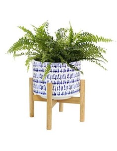 La Jolíe Muse Macetero de cerámica con Soporte de Madera - Macetero Decorativo Interior, Moderna Maceta Redonda de Flores, Az