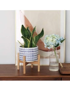 La Jolíe Muse Macetero de cerámica con Soporte de Madera - Macetero Decorativo Interior, Moderna Maceta Redonda de Flores, Az 2