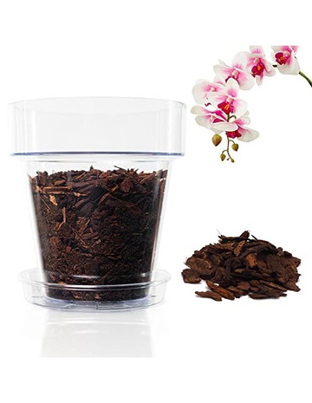 Kalapanta Kit para Trasplantar Orquídeas: 1 Maceta Transparente Ø14cm con Agujeros de Drenaje, 1 Plato Ø12cm, 1 Saco de 2L de