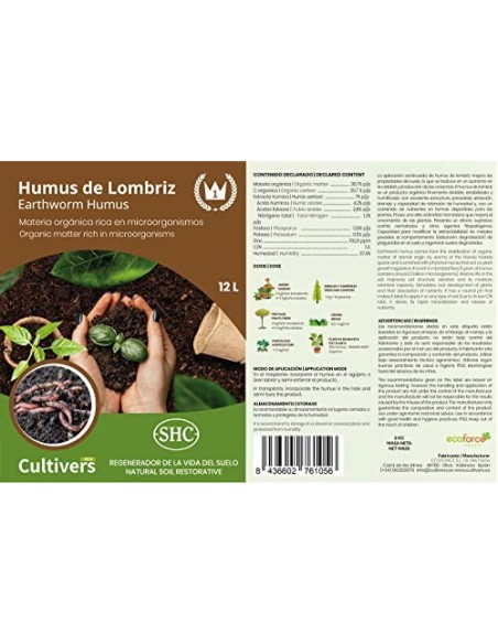 CULTIVERS Humus de Lombriz Ecológico 3 L Universal. Abono para Plantas. Fertilizante Orgánico 100% Natural. Reconstituyente d