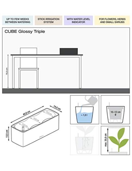 LECHUZA Cube - Maceta de riego Triple Brillante para jardín, Maceta para Interiores y Exteriores, con Orificio de Drenaje, po
