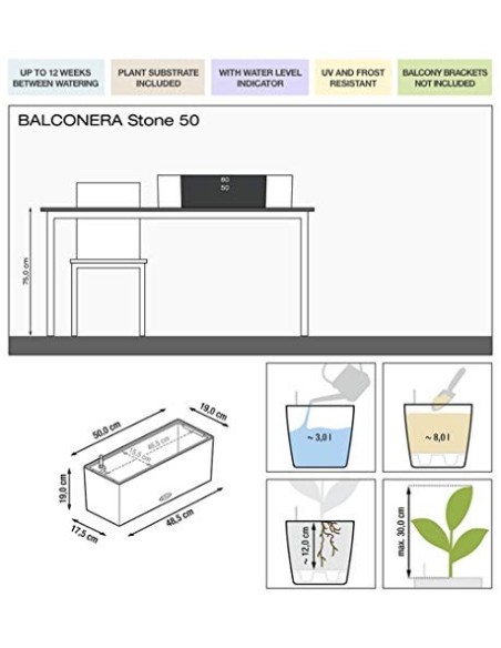 LECHUZA BALCONERA Stone 50 Maceta de riego automático para Interiores y Exteriores, Mesa y Caja de Ventana con Orificio de Dr