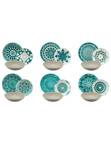 Excelsa - Vajilla de 18 Piezas de Porcelana, Color Azul/Gris, Modelo  Mandala