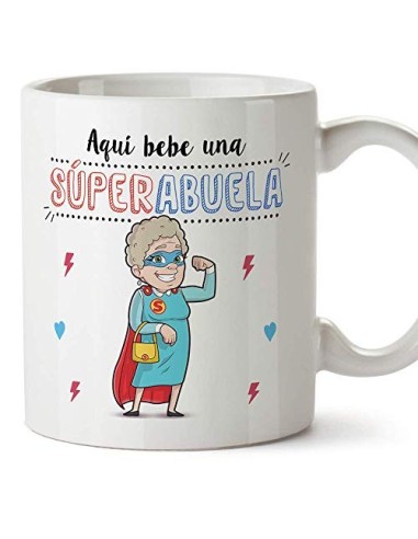 MUGFFINS Taza Abuela - Aquí Bebe una Super Abuela - La Mejor Taza Desayuno del Mundo - Taza Desayuno/Idea Regalo Original/Día
