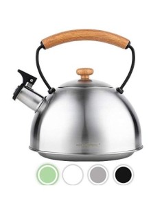 Florina Wooden Tetera con Silbato, Hervidor de Agua Retro, Inducción, Vitrocerámica, Todo Tipo de Cocinas, 2,3 L, Acero Inoxi