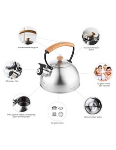 Florina Wooden Tetera con Silbato, Hervidor de Agua Retro, Inducción, Vitrocerámica, Todo Tipo de Cocinas, 2,3 L, Acero Inoxi 2