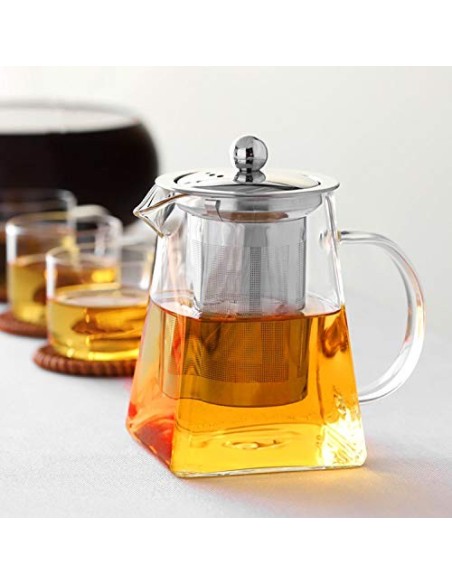 Wisolt Teteras de Vidrio con infusor extraíble Vidrio de borosilicato High Caldera de té de Hojas Sueltas en Forma Cuadrada 3