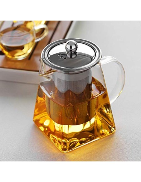 Wisolt Teteras de Vidrio con infusor extraíble Vidrio de borosilicato High Caldera de té de Hojas Sueltas en Forma Cuadrada 3