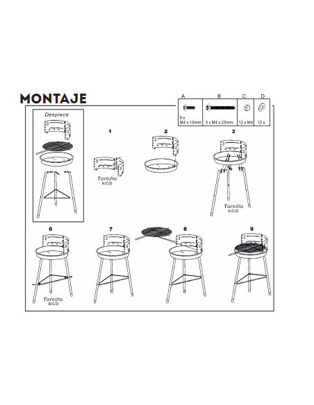 Barbacoa de carbón redonda con parrilla de acero roja de Ø 34x55 cm