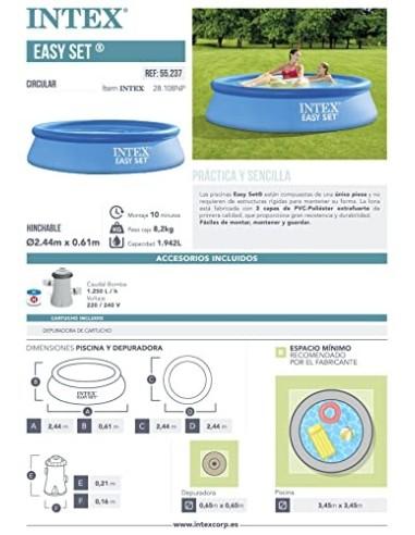 Intex 28108NP - Piscina hinchable INTEX, Ø244x61 cm, 1.942 litros, Piscina redonda, Con depuradora cartucho, 1.250 litros/hor