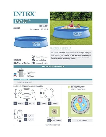 Intex 28108NP - Piscina hinchable INTEX, Ø244x61 cm, 1.942 litros, Piscina redonda, Con depuradora cartucho, 1.250 litros/hor