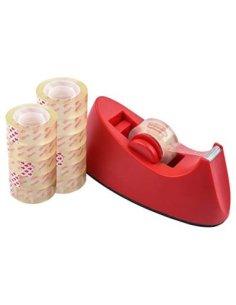 Dispensador de Cinta Adhesiva Rojo + 12 Rollos de Cinta 18mm x 33m Portacelo Portarrolos Celo Para la Escuela, el Hogar y la 