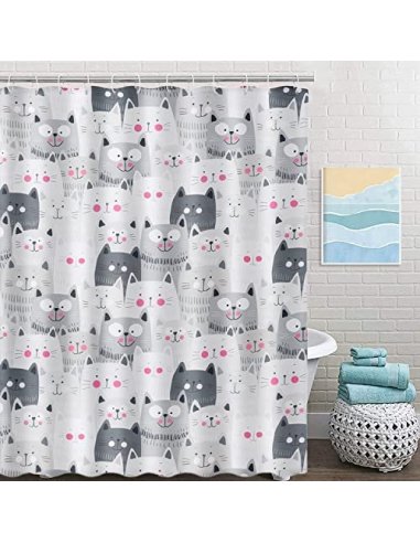 Cortina de Ducha Impermeable Cortina de Baño a Prueba de Moho 100% Poliéster Anillos Incluidos 180x200cm - Gatos