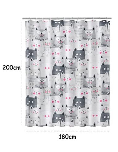 Cortina de Ducha Impermeable Cortina de Baño a Prueba de Moho 100% Poliéster Anillos Incluidos 180x200cm - Gatos
