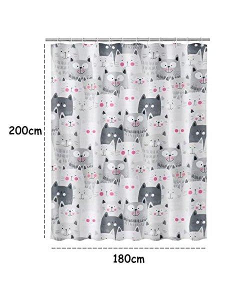 Cortina de Ducha Impermeable Cortina de Baño a Prueba de Moho 100% Poliéster Anillos Incluidos 180x200cm - Gatos