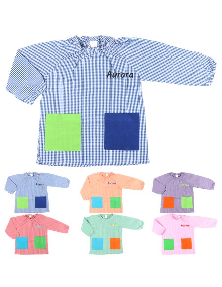 Bata Escolar Nombre Bordado Personalizable, Babi para Colegio Sin Botones, Elástica en Puño y Cuello 2 Bolsillos