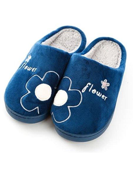 Zapatillas de Estar por Casa para Mujer Zapatillas Casa Invierno Tejido Suave, Estilo Flor Azul Oscuro 36