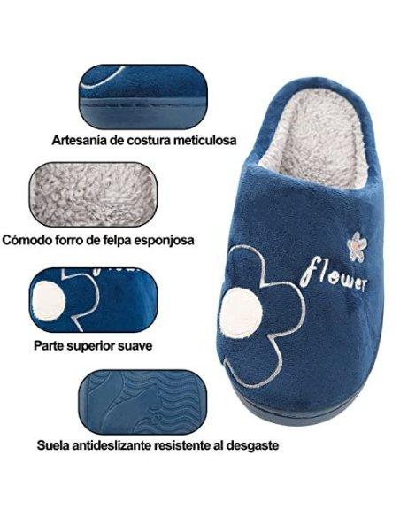 Zapatillas de Estar por Casa para Mujer Zapatillas Casa Invierno Tejido Suave, Estilo Flor Azul Oscuro 36