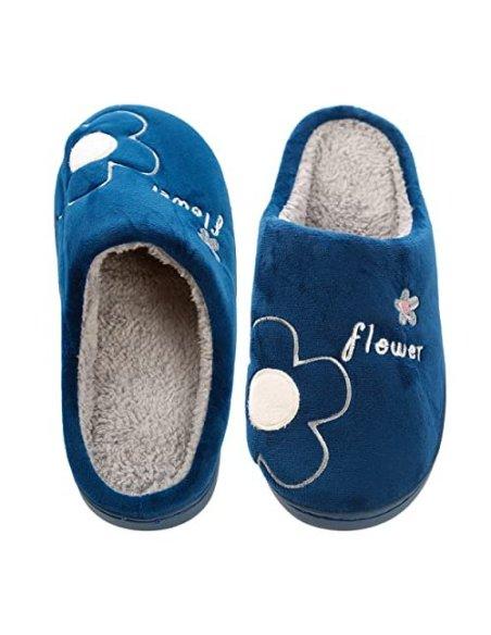 Zapatillas de Estar por Casa para Mujer Zapatillas Casa Invierno Tejido Suave, Estilo Flor Azul Oscuro 36