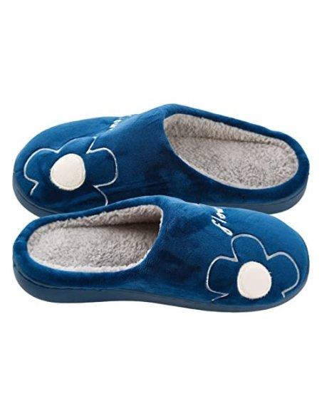Zapatillas de Estar por Casa para Mujer Zapatillas Casa Invierno Tejido Suave, Estilo Flor Azul Oscuro 36