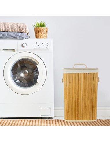 Cesto de Ropa Sucia Bambú con Tapa Cubo Colada Cesta de Lavandería Rectangular Plegable 70L con Asas 40x30x60