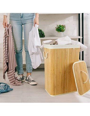 Cesto de Ropa Sucia Bambú con Tapa Cubo Colada Cesta de Lavandería Rectangular Plegable 70L con Asas 40x30x60