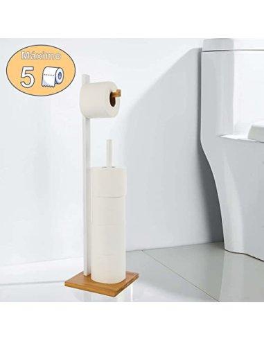 Portarrollos de Papel Higiénico de Pie Bambú/MDF Soporte para Rollos Papel Higiénico Color Blanco/Natural 19x19x71cm