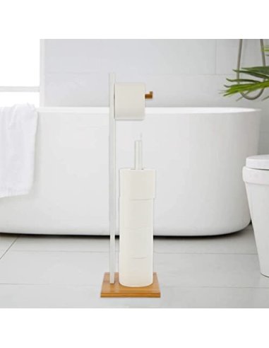 Portarrollos de Papel Higiénico de Pie Bambú/MDF Soporte para Rollos Papel Higiénico Color Blanco/Natural 19x19x71cm
