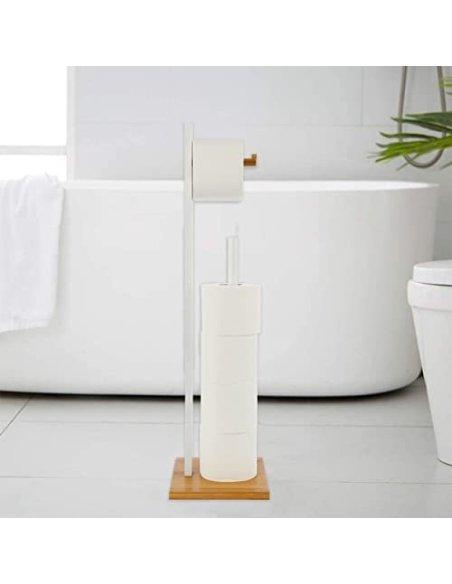 Portarrollos de Papel Higiénico de Pie Bambú/MDF Soporte para Rollos Papel Higiénico Color Blanco/Natural 19x19x71cm
